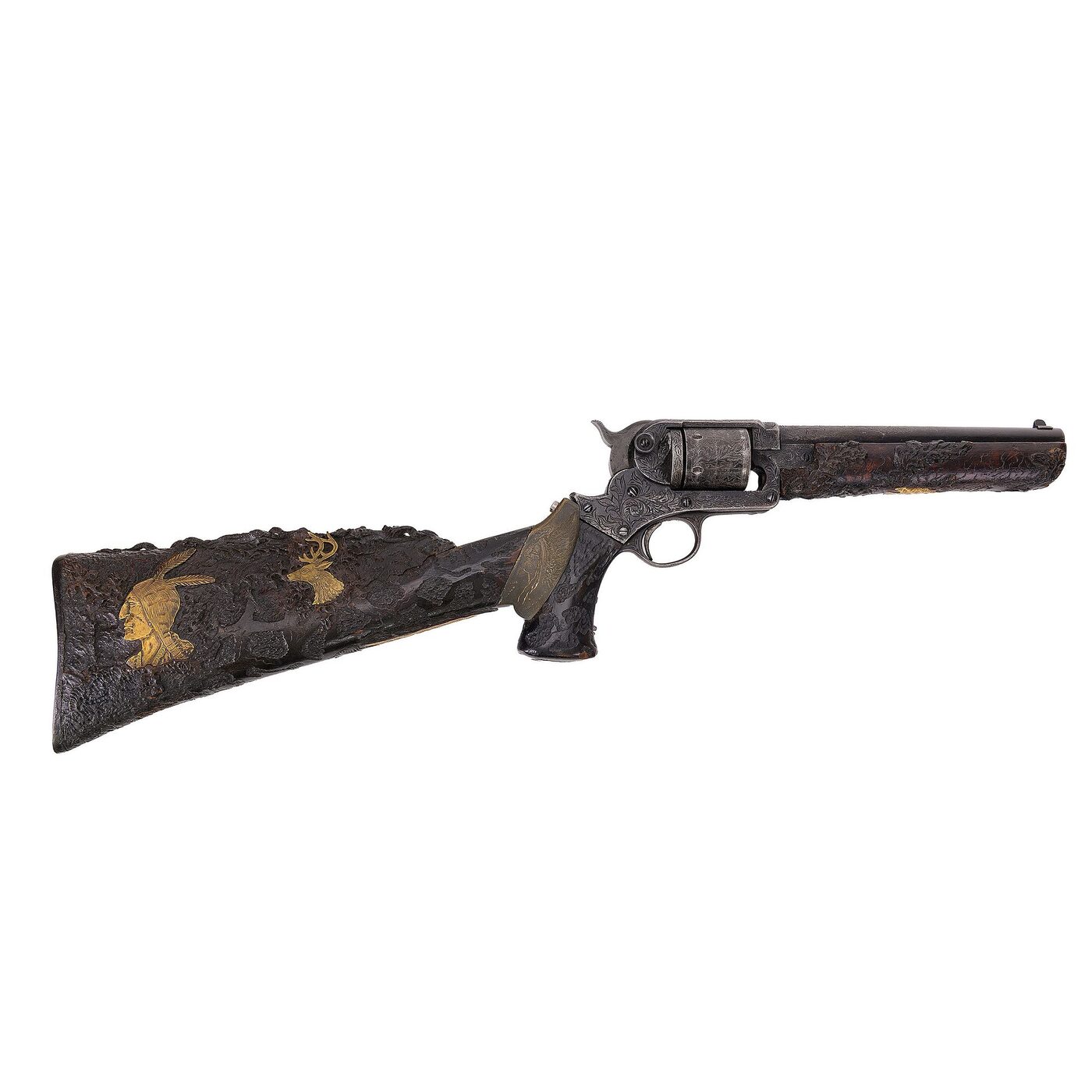 The stocked revolver of the pair, with its carved shoulder stock and gold-inlaid figures